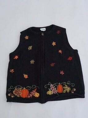 Vintage Breckenridge Black Pumpkin Leaf Embroidered Zip Front Knit Vest L